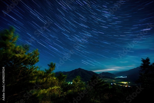 Stunning natural landscape with celestial trails stretching across dark sky