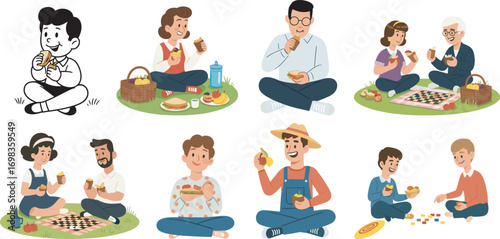 Cartoon people enjoying picnic outdoors with food, games, fruit, sandwiches, drinks, leisure activities, and relaxing moments in nature setting