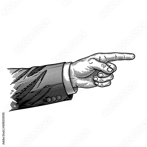Vintage Woodcut Style Illustration of Hand in Business Suit Pointing Directional Sign