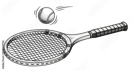 Vintage Stipple Engraving Illustration of Tennis Racket and Ball for Sports and Classic Design