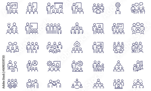 Business workshop icon set, teamwork, coaching, training, team building, leadership, meeting, motivation, collaboration, productivity, seminar, corporate session, online education, professional