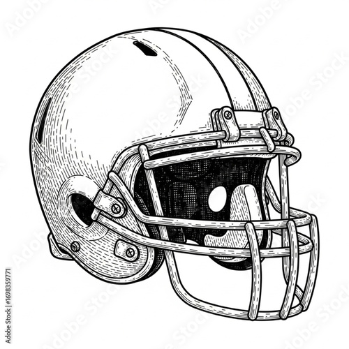 Black and White Engraving Style American Football Helmet Hand-Drawn Sketch for Sport Poster Branding