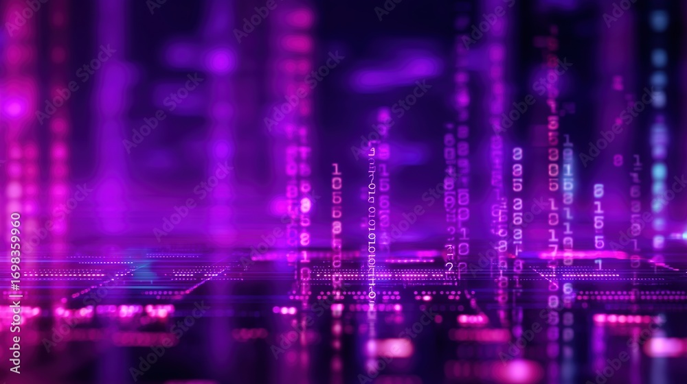 Fototapeta premium Immersive digital background with glowing neon lights and pixelated code patterns, futuristic cyberpunk atmosphere with purple hues creating modern tech vibes for high resolution design concepts.