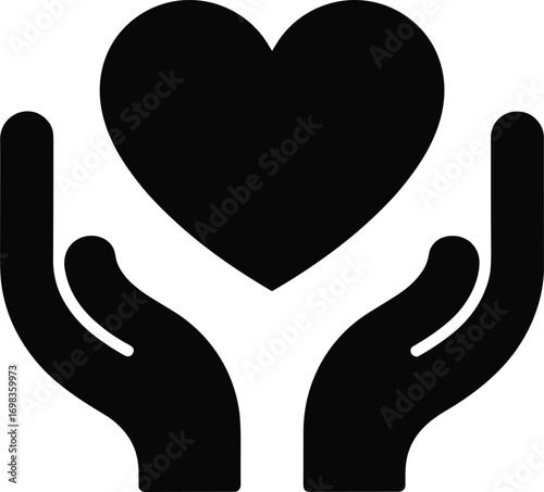 Heart in hands silhouette, black white illustration, compassion care symbol, love support icon, charity concept, emotional protection artwork, healthcare themed design