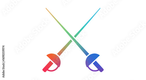 A vibrant graphic of two crossed fencing swords with a colorful rainbow gradient.