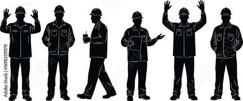 Silhouettes of Construction Workers in Hard Hats, Various Poses and Gestures, Vector Illustration for Industrial, Labor, Safety, and Work Concepts