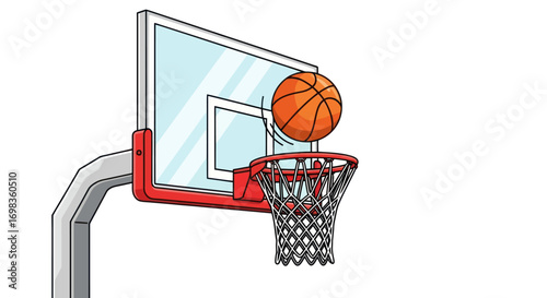 Basketball hoop with orange ball scoring a point featuring backboard rim and net.