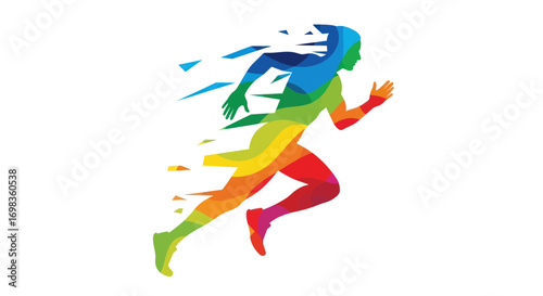 Colorful low-poly runner silhouette disintegrating into fragments symbolizing speed and motion.