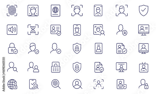 Identity Verification and Authentication Line Style Icon Set, Fingerprint, Face ID, Passport, Biometric Recognition, Voice, DNA, ID Card, Mobile App, Digital Security, Vector Illustration