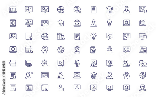 E-learning icons set, online education web vector set, digital classroom, distance learning, video tutorial, university, school, webinar, training, study, teacher, technology, communication