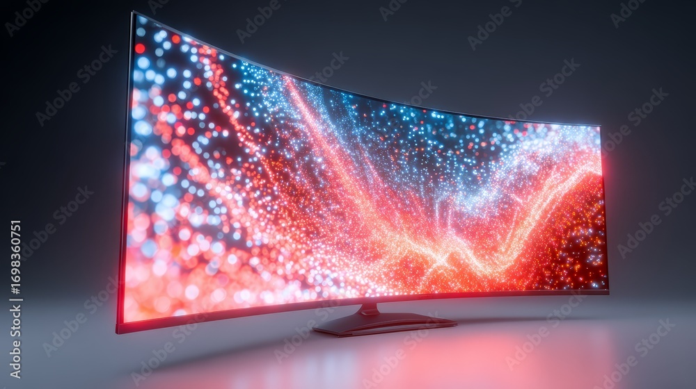 Naklejka premium Curved screen immersive display, vibrant red and blue pattern visualization experience