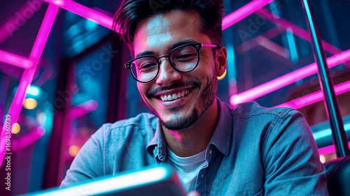 Smiling Man Working with Neon Lighting in Modern Workspace Showing Innovation and Technology