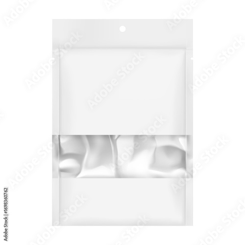 Realistic stand up pouch bag with transparent window and  hole slot mockup. Front view. Vector illustration isolated on white background. Ready for your design. EPS10.