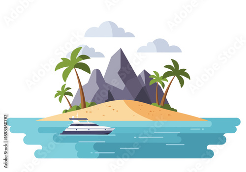 Luxurious yacht cruises pristine tropical island paradise featuring majestic mountains and swaying palm trees under a cloudy sky