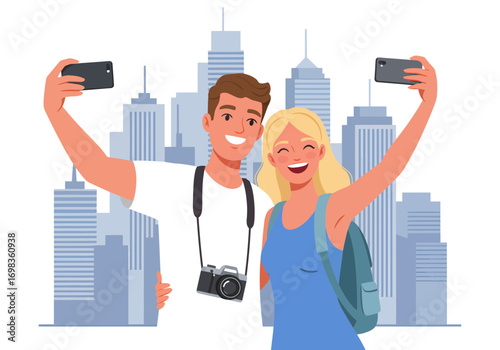 Joyful couple taking selfies in a vibrant city, capturing travel memories with a camera, enjoying a sunny day full of fun