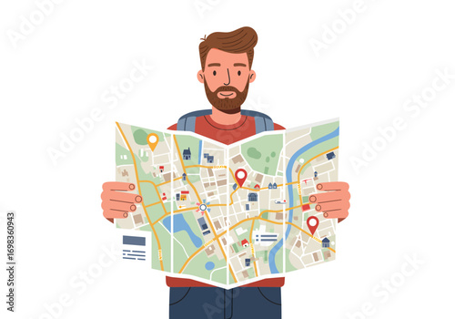 Adventurous traveler exploring city map, planning exciting journey with location markers and backpack ready for exploration, find your way!
