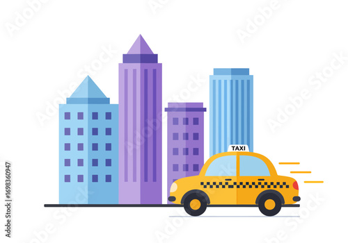 Yellow taxi cab speeding through modern city with skyscrapers, ideal for urban travel, transportation, and business concepts