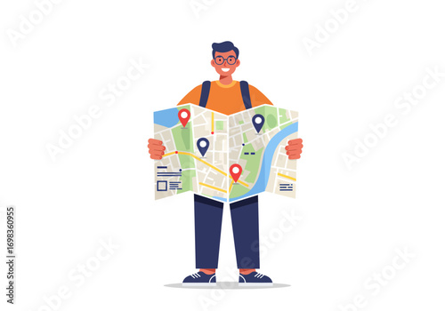 Happy traveler exploring map, planning journey, searching destinations, ready for adventure, travel concept, vacation, exploration, navigation, tourist