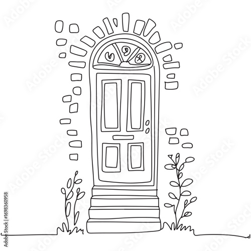Whimsical Hand Drawn Doorway with Brick Accents and Plants A Charming Artistic Depiction in Simple Black and White