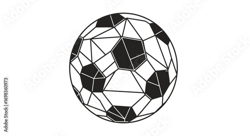 Stylized black and white soccer ball with an abstract geometric polygonal pattern.