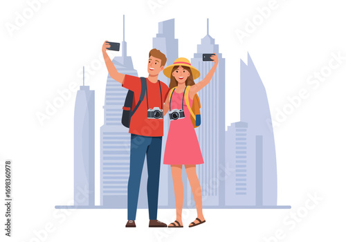 Happy couple taking selfies during city exploration, sharing travel memories, enjoying sunny vacation, perfect lifestyle photo