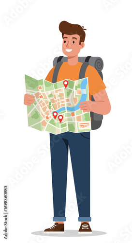 Adventurous traveler exploring city map with backpack, planning journey, excited for sightseeing, tourism, vacation, travel lifestyle, finding destinations