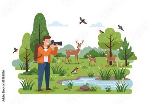 Enthusiastic photographer captures stunning wildlife moments in a serene natural landscape with deer and birds.