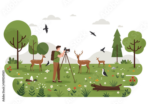 Enthusiastic photographer captures stunning wildlife moments with deer and birds in a vibrant, natural landscape setting.