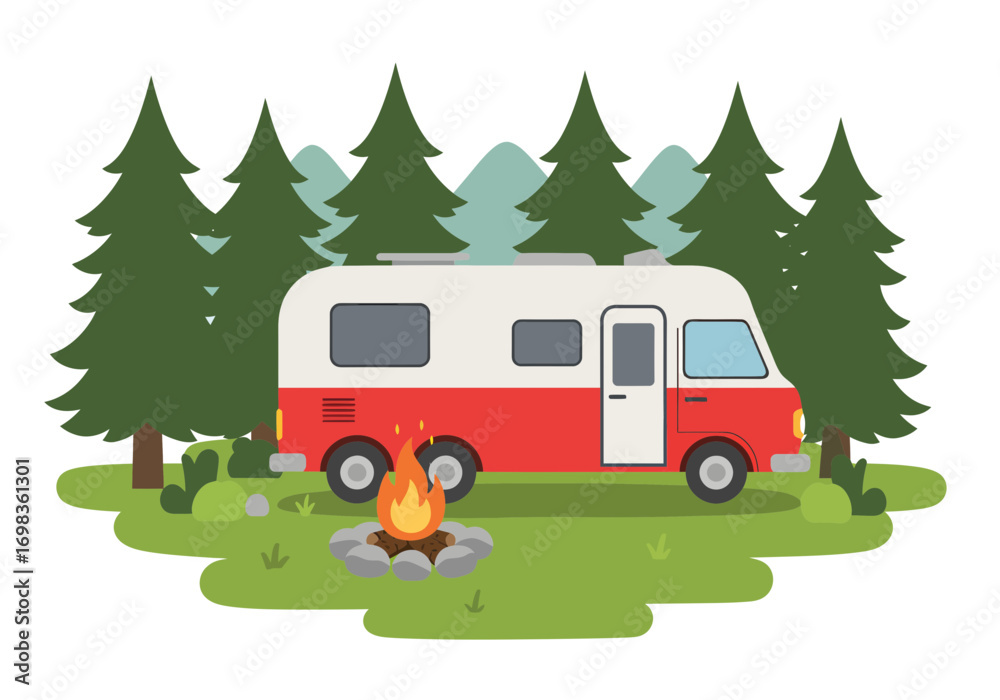 Obraz premium Camping Scene with RV and Fire