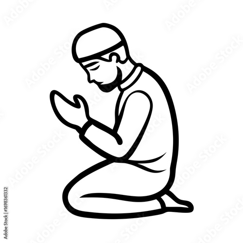 Muslim man praying on knees with hands raised for Ramadan celebration  