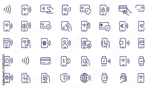Contactless NFC payment icons set, wireless mobile pay with smartphone and credit card, secure tap to pay technology, cashless transaction, banking finance digital electronic money system