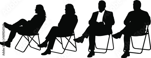 Silhouettes of four business people sitting on chairs, relaxed posture, professional meeting, teamwork concept, vector illustration design.