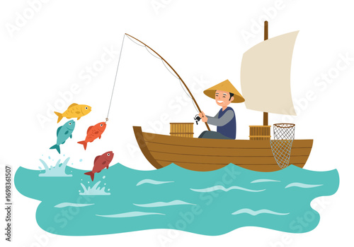 Joyful fisherman in traditional hat casts line from wooden boat, colorful fish leap from turquoise water, capturing a bountiful catch in this charming scene.