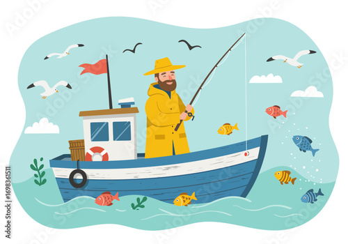 Joyful fisherman in bright yellow coat casting line from blue boat surrounded by playful fish and soaring seagulls