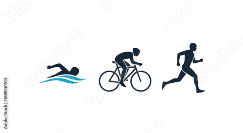 Silhouette icons representing swimming cycling and running for triathlon.