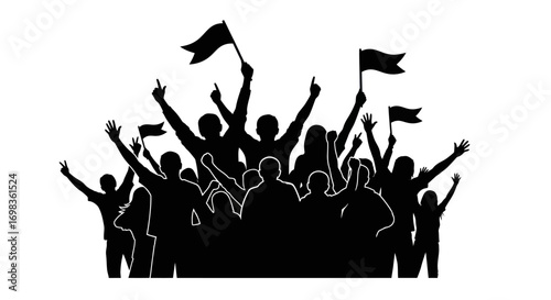 Silhouette of a Cheering Crowd with Raised Arms and Waving Flags.