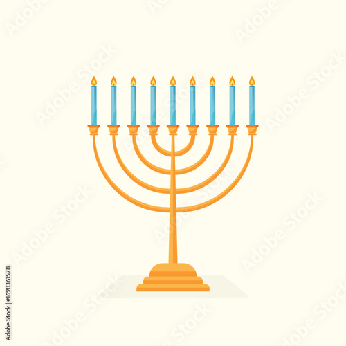 A simple and clean illustration of a golden Hanukkah menorah with nine burning candles. Isolated vector symbol for the Jewish holiday celebration.