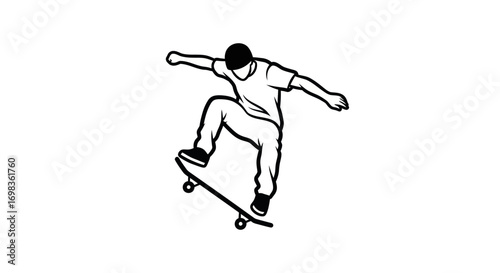 Simple black and white line art of a skateboarder performing a mid-air jump trick.