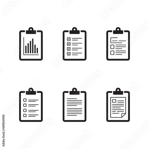 Clipboard vector icon set featuring a collection of document symbols like checklists, business reports, and data analysis graphs, isolated on a white background 