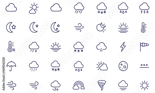 Weather icon set, line style forecast symbols for web and mobile apps, sun, cloud, rain, snowflake, thunderstorm, wind, moon, climate, temperature, nature, sky, vector illustration