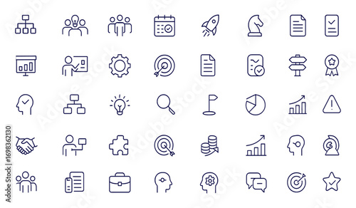Project management icon set, line style vector illustration for business, organization, teamwork, planning, startup, marketing, strategy, time management, office, schedule, checklist, report, goal