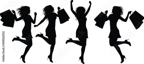 Silhouettes of happy woman holding shopping bags, jumping with joy, shopping spree, retail therapy, fashion, excitement, consumer lifestyle, celebration vector illustration.