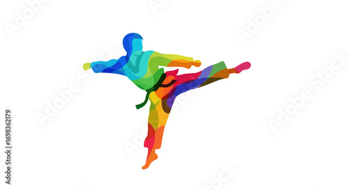 Colorful Karate Practitioner in Mid-Kick with Black Belt.