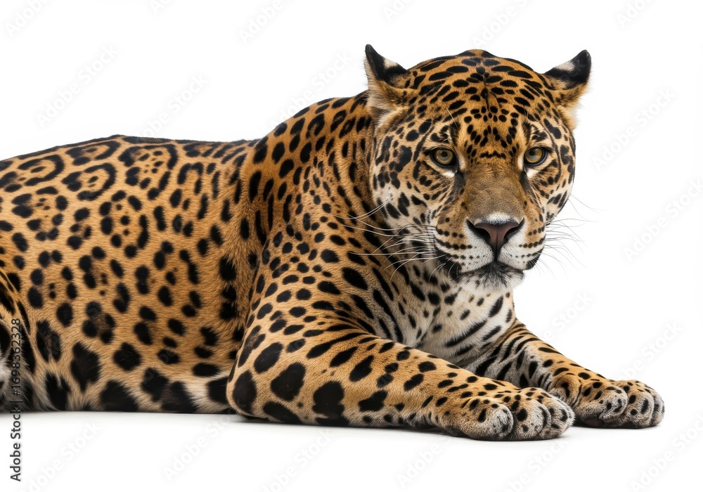 Obraz premium A magnificent jaguar, showcasing its intricate spotted coat, lies against a plain white background, displaying a focused and alert posture.