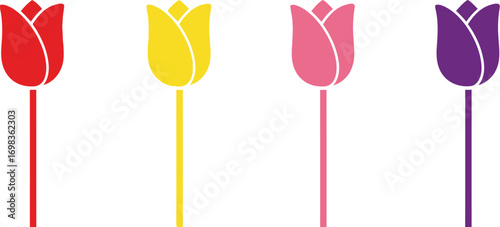 Four colorful tulips line up vibrant red yellow pink purple spring flowers bouquet design vector