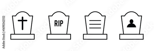 Tombstone Icon – Black Silhouette with Cross and RIP Inscription – Symbol of Death icon . Set of tombstones with different forms. Collection of gravestones. eps 10