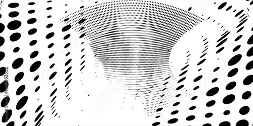 Curved black dot pattern with 3D tunnel effect on white background, creating a futuristic optical illusion that is unique, modern, and full of depth.