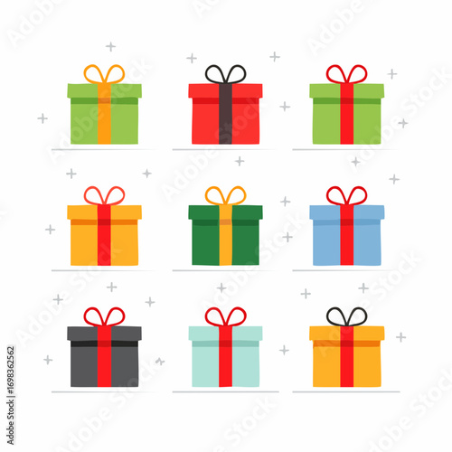 Collection of colorful gift boxes with ribbons and bows, perfect for holiday celebrations and special occasions