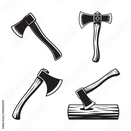 Collection of vintage monochrome axe and hatchet illustrations. Perfect vector design elements for lumberjack or woodworking logos and emblems