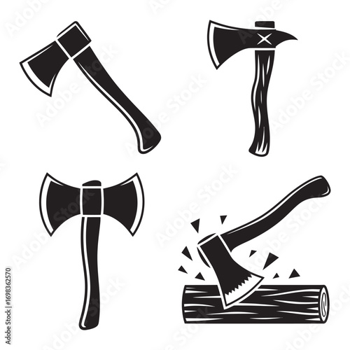 A vintage monochrome set of various axe icons, including a hatchet, tomahawk, and double-bitted axe chopping a wooden log